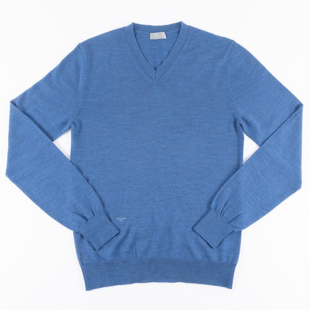 Dior Virgin Wool V-Neck Sweater Men's Small Blue